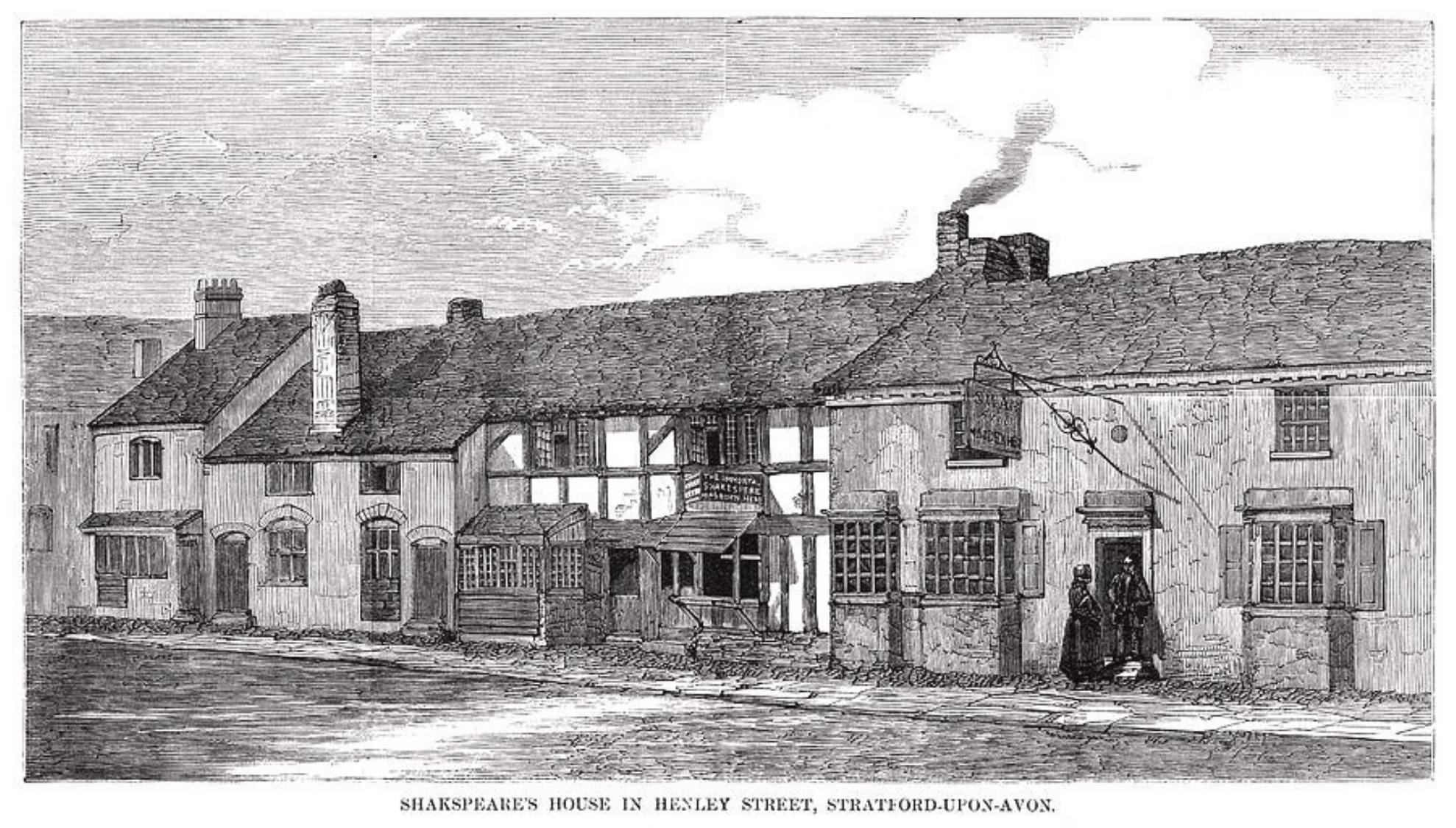 The Henley Street house before 1847, showing it as a working butcher's shop and pub, the Swan and Maidenhead, with no pretension to heritage status.