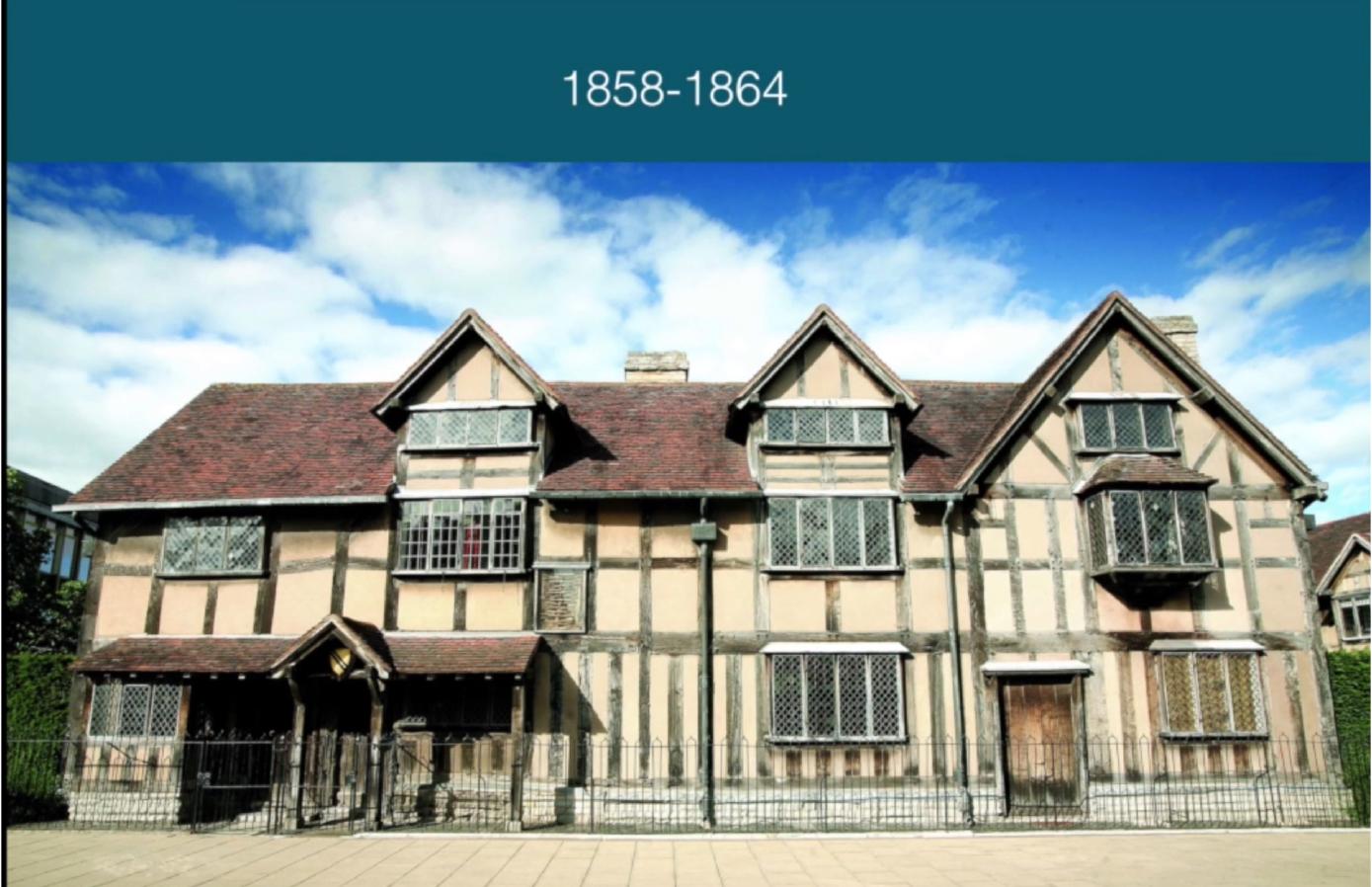 The Birthplace as it appears today after the Victorian restoration of 1856–1864, presenting a romanticised image of a Tudor dwelling.