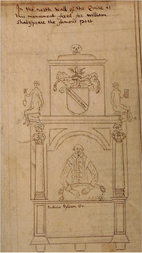 Dugdale's original pencil sketch of the Shakespeare monument, c.1649, with his handwritten annotation 'this monument fixed for william shakespeare the famous poet'. The figure holds no quill; arms rest on a rounded sack-like object.